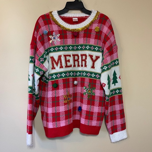 Holiday Time Sweaters - NWT Holiday Time Womens Merry Plaid Red Ugly Christmas Sweater XL 16-18